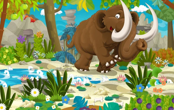 Cartoon Scene Prehistoric Mammoth River Volcano Background Illustration Children — Stock Photo, Image