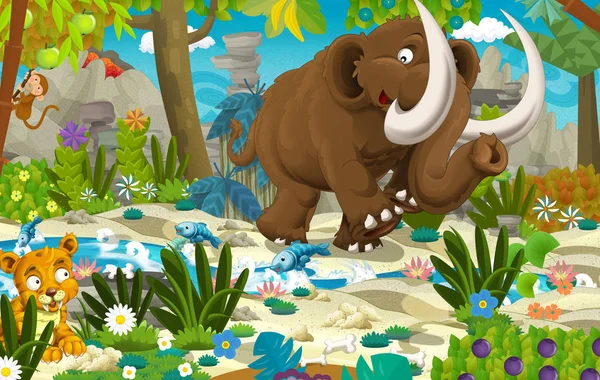 Cartoon Scene Prehistoric Mammoth River Volcano Background Illustration Children — Stock Photo, Image