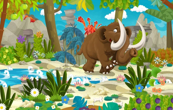 在背景中的史前长毛象在河火山附近的动画片场面 例证为孩子 — 图库照片