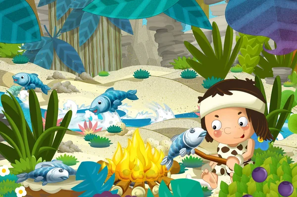 Cartoon scene with prehistoric fishermen near the river grilling fish - illustration for children