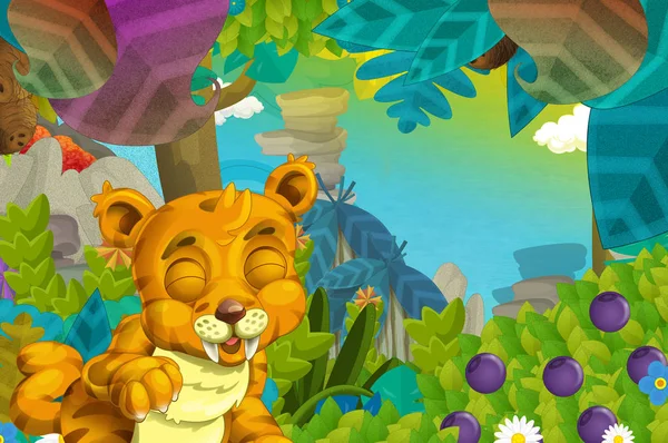 Γελοιογραφία Σκηνή Σπαθί Τίγρη Δοντιών Στην Απεικόνιση Ζούγκλα Για Παιδιά — Φωτογραφία Αρχείου