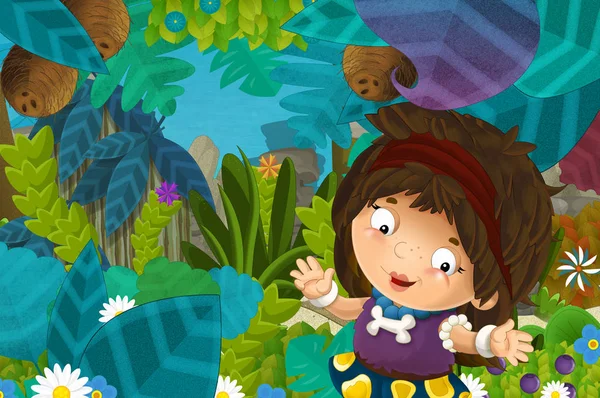 Escena Dibujos Animados Con Cavernícola Guerrero Bárbaro Mujer Selva Ilustración — Foto de Stock