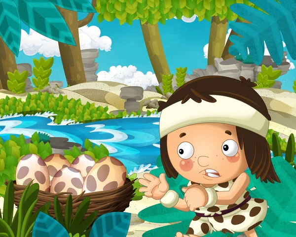 Cartoon Scene Caveman Jungle River Background Illustration Children — Stock Photo, Image