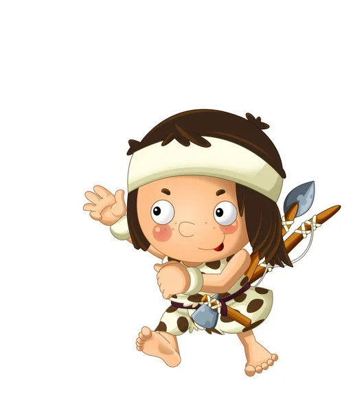 Cartoon Scene Happy Caveman Barbarian Warrior Spear Fishing Rod Axe — Stock Photo, Image