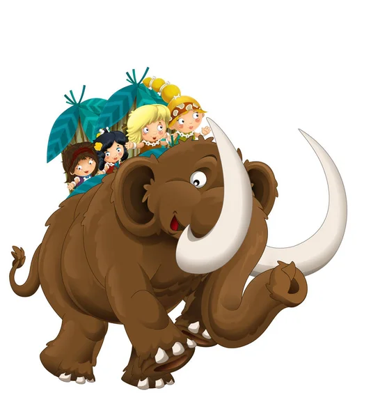 cartoon happy scene with caveman women on mammoth traveling on white background - illustration for children