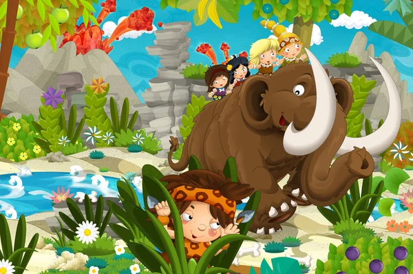 cartoon happy scene with caveman women on mammoth traveling through the jungle - illustration for children