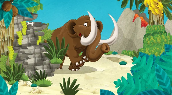 Cartoon Scene Prehistoric Mammoth Volcano Background Illustration Children — Stock Photo, Image