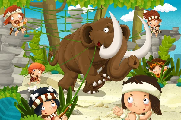 Cartoon Scene Prehistoric Mammoth Cavemen Hunting Illustration Children — Stock Photo, Image