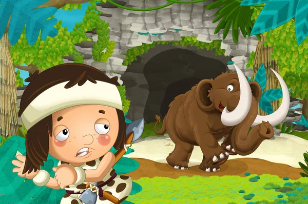 Cartoon Happy Scene Caveman Traveling Some Cave Looking Mammoth Going — Stock Photo, Image