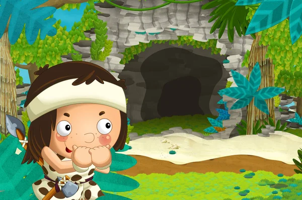 Cartoon Happy Scene Caveman Traveling Some Cave Illustration Children — Stock Photo, Image