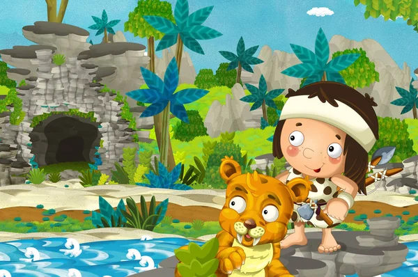 Cartoon Scene Caveman Traveling Jungle Tiger Sabre Tooth Illustration Children — Stock Photo, Image