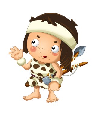 mutlu mağara adamı barbar savaşçı balıkçı mızrak ve beyaz arka plan illüstrasyon çocuklar için üzerinde balta ile çizgi film sahne