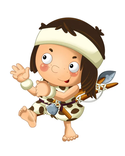 子供のための白い背景図の上に斧槍と幸せな穴居人の野蛮な戦士漁師と漫画シーン — ストック写真
