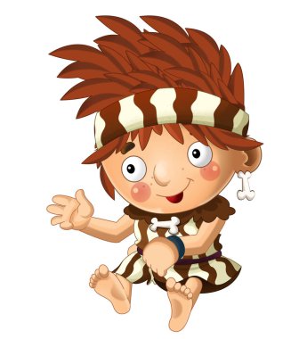 Beyaz arka plan illüstrasyon çocuklar için mutlu mağara adamı barbar savaşçı ile çizgi film sahne