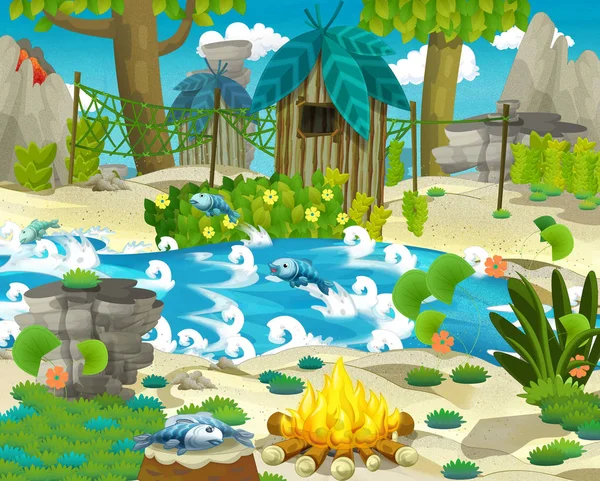 cartoon stone age scene with fisherman village - illustration the children