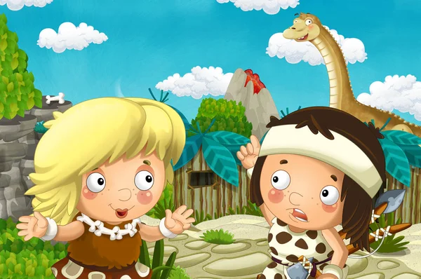 cartoon scene with caveman and girl in the village and diplodocus - illustration for children