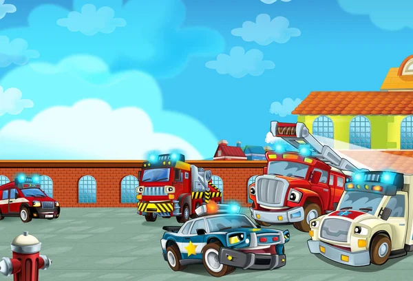 Cartoon firetruck jízdy z požární stanice do akce - se liší — Stock fotografie
