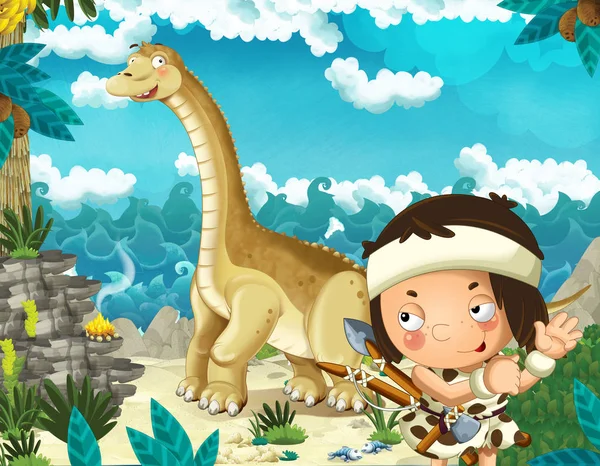 Γελοιογραφία σκηνή με caveman κοντά στην ακτή της θάλασσας βλέπουν κάποια diplodocus χαρούμενο και αστείο γίγαντας δεινόσαυρος - εικονογράφησης για παιδιά — Φωτογραφία Αρχείου
