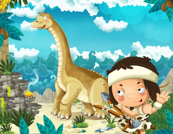 Cartoon scene with caveman near the sea shore looking at some happy and funny giant dinosaur diplodocus - illustration for children — Stock Photo, Image