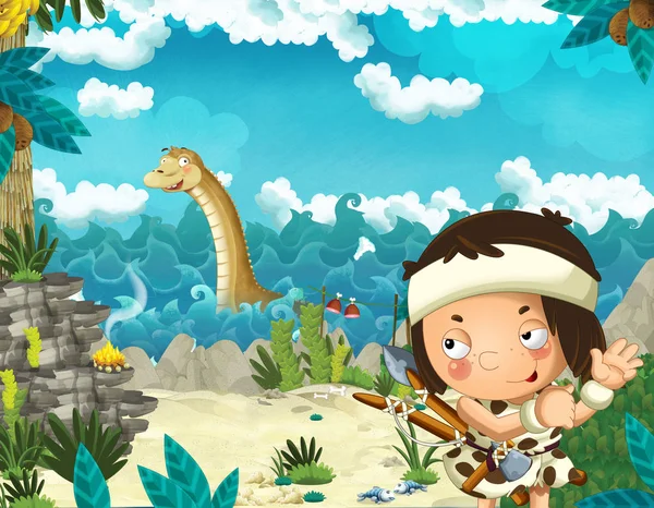 Escena de dibujos animados con cavernícola cerca de la orilla del mar mirando algunos diplodocus dinosaurios gigantes felices y divertidos u otro dinosaurio nadador - ilustración para niños — Foto de Stock