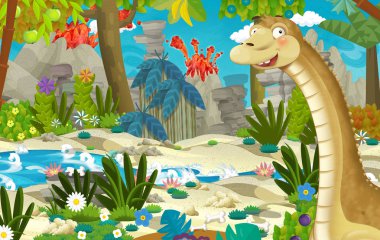 Dinozor diplodocus orman nehir ve volkan içinde belgili tanımlık geçmiş - illüstrasyon çocuklar için çizgi film sahne
