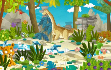 Dinozor diplodocus orman nehir ve volkan içinde belgili tanımlık geçmiş - illüstrasyon çocuklar için çizgi film sahne