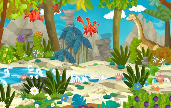 Γελοιογραφία Σκηνή Diplodocus Δεινόσαυρος Στη Ζούγκλα Κοντά Στον Ποταμό Και — Φωτογραφία Αρχείου