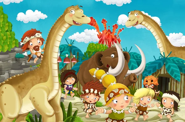 Kreslený Cavemen Vesnice Scéna Sopka Dinosaura Diplodocus Mamutí Pozadí Ilustrace — Stock fotografie
