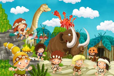 Volkan ve dinozor diplodocus ve mamut içinde belgili tanımlık geçmiş - çocuklar için illüstrasyon ile karikatür insanın evrimi Köyü manzara