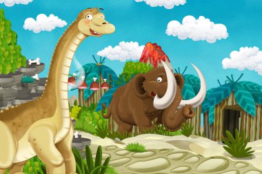 Volkan ve dinozor diplodocus ve mamut içinde belgili tanımlık geçmiş - çocuklar için illüstrasyon ile karikatür insanın evrimi Köyü manzara