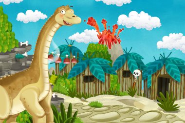Volkan ve dinozor diplodocus içinde belgili tanımlık geçmiş - çocuklar için illüstrasyon ile karikatür insanın evrimi köy sahne