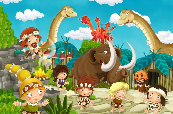 cartoon cavemen village scene with volcano and dinosaur diplodocus and mammoth in the background - illustration for children