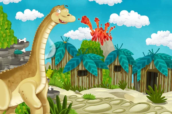 cartoon cavemen village scene with volcano and dinosaur diplodocus in the background - illustration for children