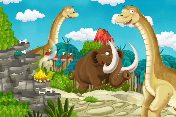 Volkan ve dinozor diplodocus ve mamut içinde belgili tanımlık geçmiş - çocuklar için illüstrasyon ile karikatür insanın evrimi Köyü manzara