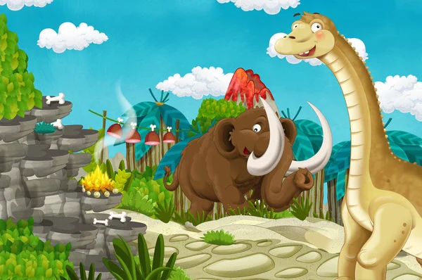 Cartoon Cavemen Aldeia Cena Com Vulcão Dinossauro Diplodocus Mamute Fundo — Fotografia de Stock