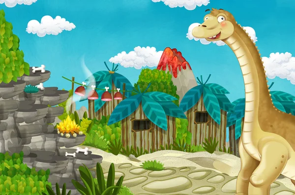 Cartoon Cavemen Aldeia Cena Com Vulcão Dinossauro Diplodocus Fundo Ilustração — Fotografia de Stock