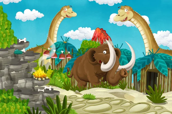 恐竜ディプロドクスとマンモスを背景に 子供のためのイラスト漫画穴居人の村のシーン — ストック写真
