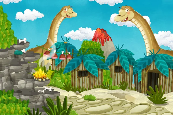 Zeichentrick Höhlenmenschen Dorfszene Mit Vulkan Und Dinosaurier Diplodocus Hintergrund Illustration — Stockfoto