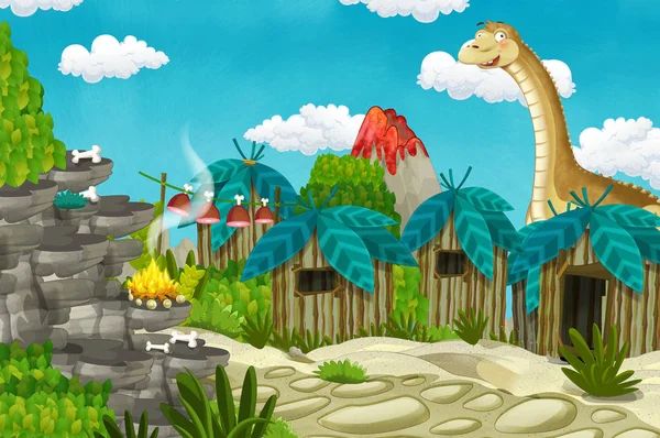 Cartoon Holbewoners Dorp Scène Met Vulkaan Dinosaur Diplodocus Achtergrond Afbeelding — Stockfoto