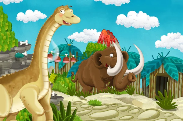 Rajzfilm Ősember Falu Jelenet Vulkán Dinoszaurusz Diplodocus Mamut Háttérben Illusztrációja — Stock Fotó