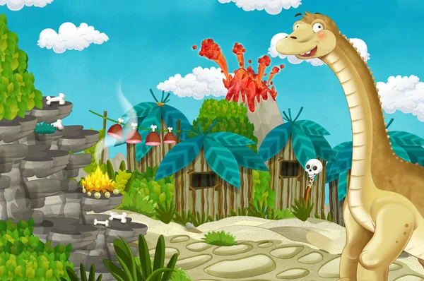 Volkan ve dinozor diplodocus içinde belgili tanımlık geçmiş - çocuklar için illüstrasyon ile karikatür insanın evrimi köy sahne