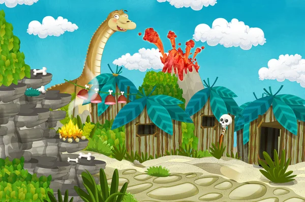 cartoon cavemen village scene with volcano and dinosaur diplodocus in the background - illustration for children