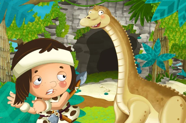 Cartoon Happy Scene Caveman Traveling Some Cave Seeing Diplodocus Dinosaur — Stock Photo, Image