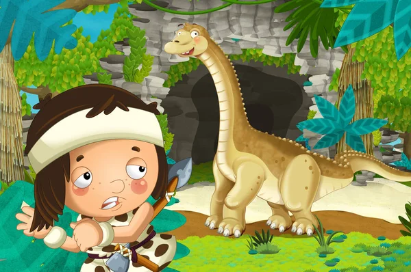Cartoon Happy Scene Caveman Traveling Some Cave Seeing Diplodocus Dinosaur — Stock Photo, Image