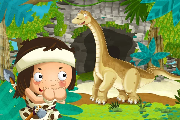 Kreskówka Szczęśliwa Scena Jaskiniowiec Podróży Pobliżu Niektórych Jaskini Widząc Dinozaur — Zdjęcie stockowe