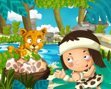 Kılıç dişli kaplan yakınındaki nehrin içinde belgili tanımlık geçmiş - çocuklar için illüstrasyon ile ormanda mağara adamı ile çizgi film sahne