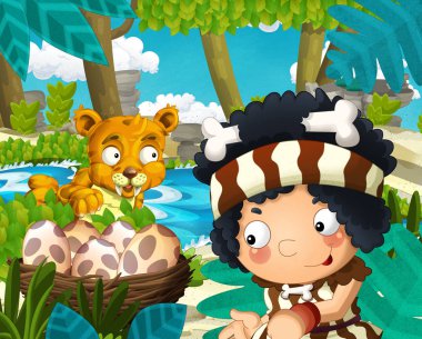 Kılıç dişli kaplan yakınındaki nehrin içinde belgili tanımlık geçmiş - çocuklar için illüstrasyon ile ormanda mağara adamı ile çizgi film sahne