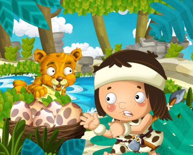 Kılıç dişli kaplan yakınındaki nehrin içinde belgili tanımlık geçmiş - çocuklar için illüstrasyon ile ormanda mağara adamı ile çizgi film sahne