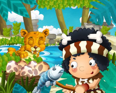 Kılıç dişli kaplan yakınındaki nehrin içinde belgili tanımlık geçmiş - çocuklar için illüstrasyon ile ormanda mağara adamı ile çizgi film sahne