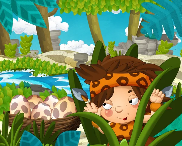 Cartoon scene with caveman in the jungle near the river in the background - illustration for children